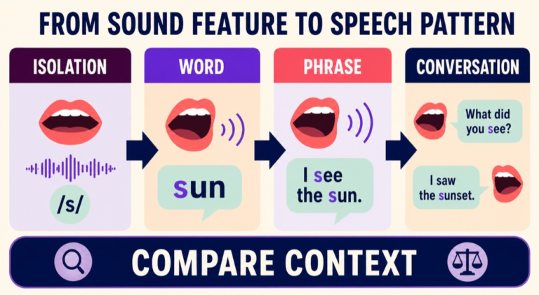 Speech sound reasoning infographic comparing isolation, word, phrase, and conversation contexts