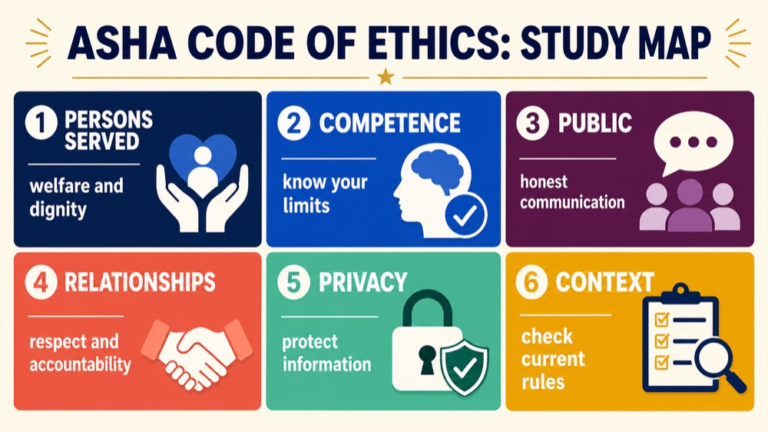 ASHA Code of Ethics map connecting persons served, competence, public responsibility, professional relationships, privacy, and context