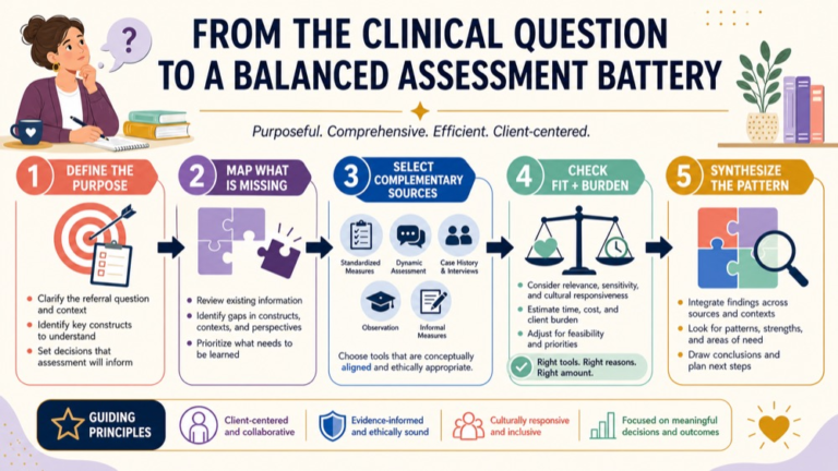 Assessment battery in speech-language pathology infographic showing the path from a clinical question to a balanced set of measures