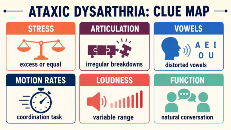 Ataxic dysarthria study map connecting excess stress, irregular breakdowns, distorted vowels, motion rates, loudness variation, and function