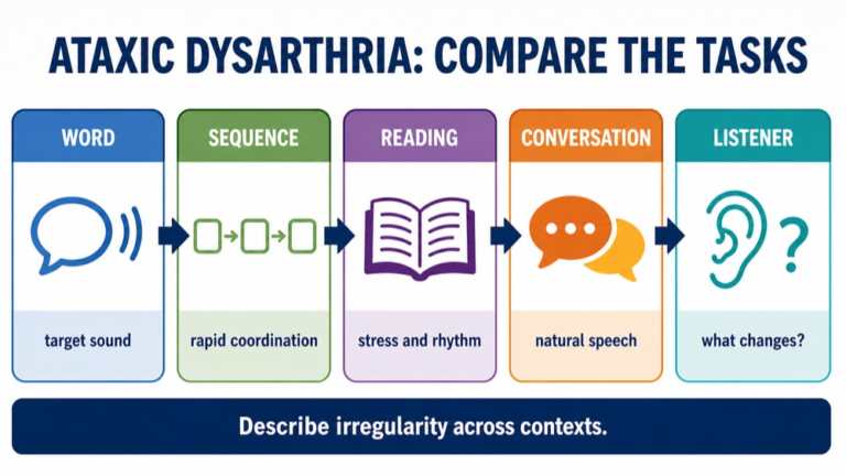 Ataxic dysarthria reasoning infographic comparing isolated tasks, sequences, reading, conversation, rate, coordination, and participation