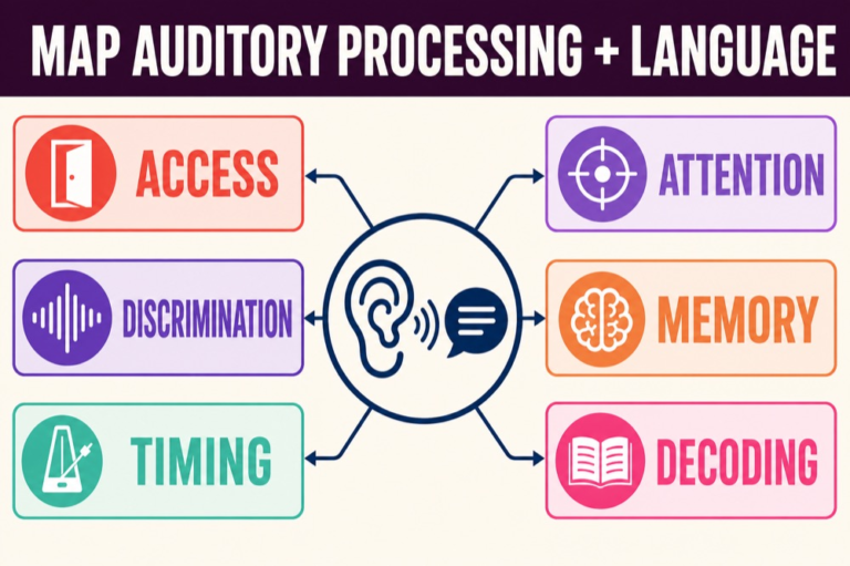 Auditory processing and language map connecting access, discrimination, timing, attention, memory, decoding, and comprehension