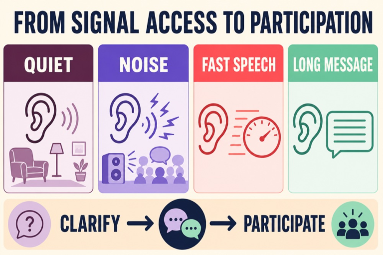 Listening context infographic comparing quiet, noise, rate, memory, language, clarification, and participation