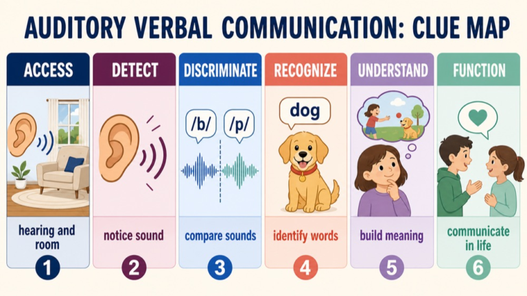 Auditory verbal communication map connecting listening access, language models, speech perception, speech and language, routines, and function