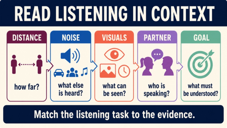 Auditory verbal reasoning infographic comparing sound access, task, noise, distance, visual support, partner, and participation