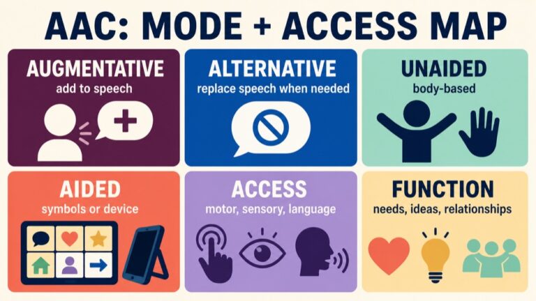 Augmentative and alternative communication map connecting augmentative, alternative, aided, unaided, access, partners, and function