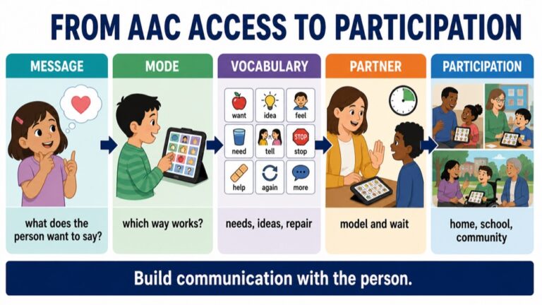 AAC reasoning infographic comparing message, mode, access, partner modeling, environment, and participation