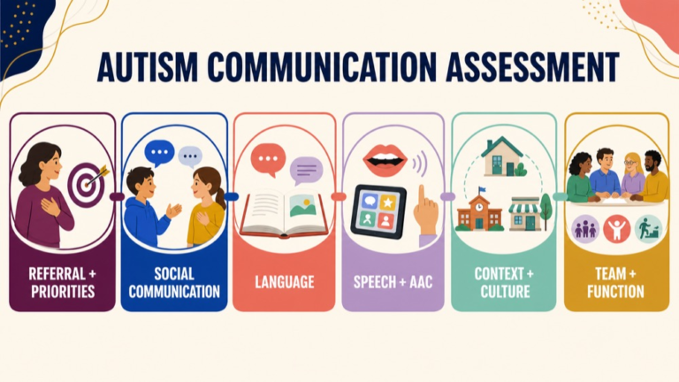 Autism communication assessment map connecting referral priorities, social communication, language, speech and AAC, context, and team function