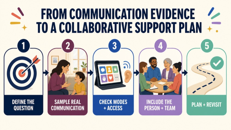 Autism communication assessment infographic showing the path from communication evidence to a collaborative support plan