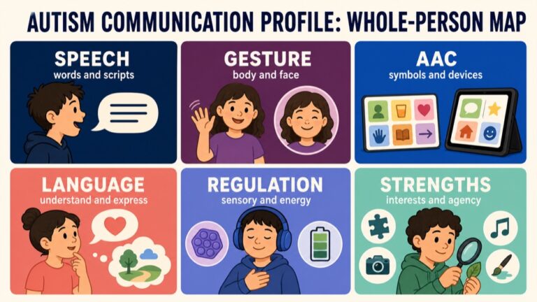 Autism communication profile map connecting speech, gesture, AAC, language, interaction, regulation, strengths, and participation