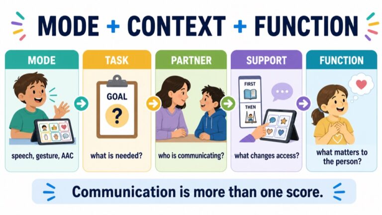 Autism communication reasoning infographic comparing communication mode, task, partner, regulation, support, and function