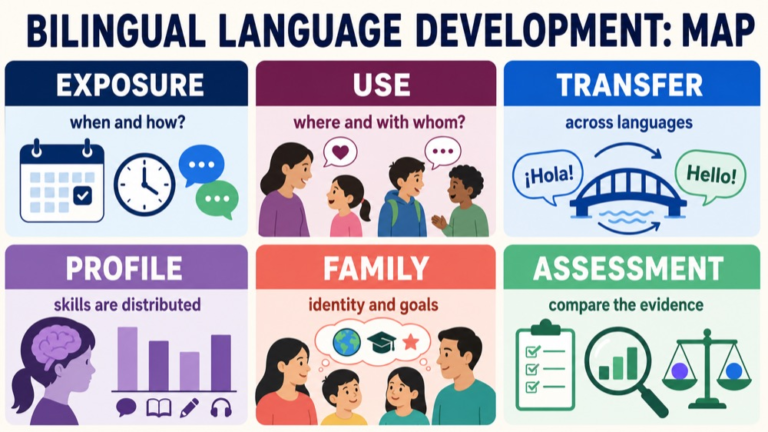Bilingual language development map connecting exposure, use, transfer, combined profile, family context, and assessment