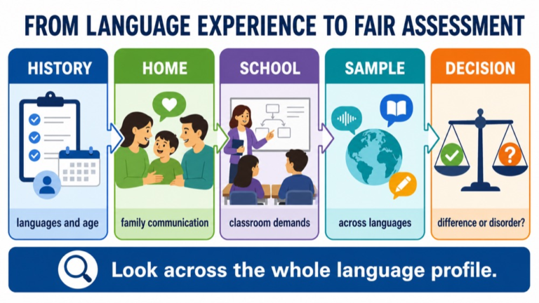 Bilingual language reasoning infographic comparing language history, home, school, sampling, family goals, and difference versus disorder