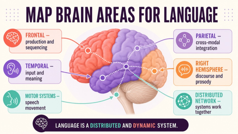 Simplified language network map connecting frontal, temporal, parietal, right-hemisphere, motor, and support systems