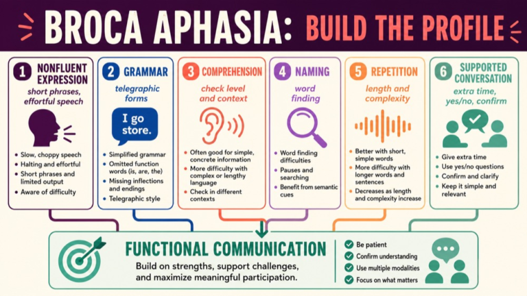 Broca aphasia study map connecting connected speech, grammar, comprehension, naming, repetition, literacy, and participation