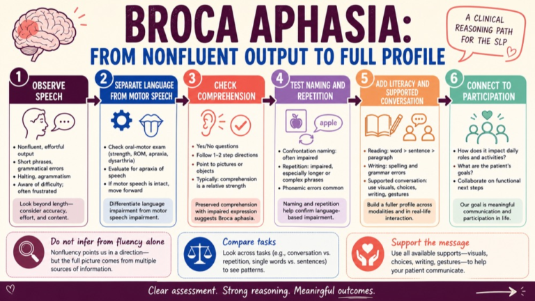 Broca aphasia reasoning infographic separating nonfluent output, language evidence, motor speech, support, and functional communication