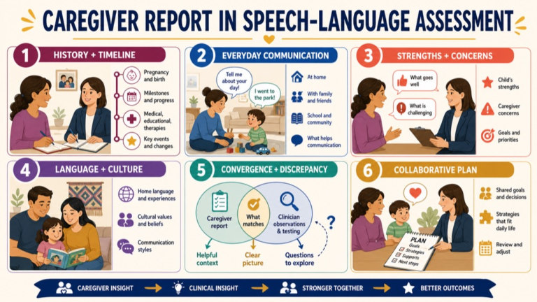 Caregiver report assessment map connecting history, everyday communication, strengths, perspective, context, and planning