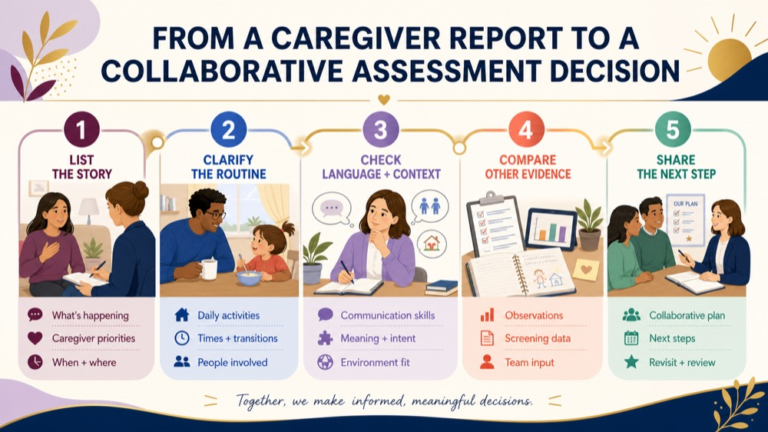 Caregiver report infographic showing the path from a family perspective to a collaborative assessment decision