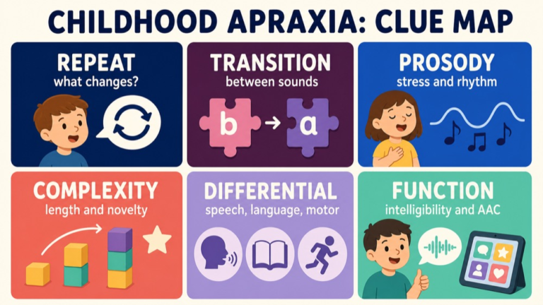 Childhood apraxia of speech map connecting consistency, transitions, prosody, complexity, differential reasoning, and function