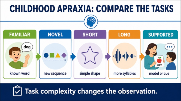Childhood apraxia infographic comparing familiar and novel words, repetition, length, prosody, support, and participation