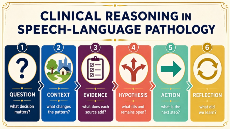 Clinical reasoning in speech-language pathology map connecting question, context, evidence, interpretation, action, and reflection