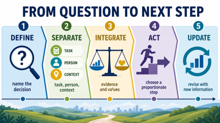 Clinical reasoning infographic showing the path from focused question and context to evidence, next step, and reflection