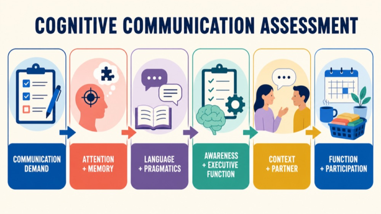 Cognitive communication assessment map connecting communication demand, cognitive process, language, context, function, and integration