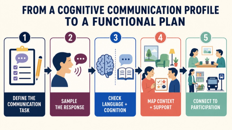 Cognitive communication assessment infographic showing the path from a profile to a functional communication plan