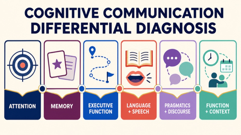 Cognitive communication differential diagnosis map connecting attention, memory, executive function, language, pragmatics, and function