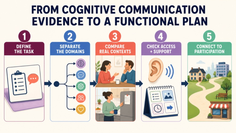 Cognitive communication differential diagnosis infographic showing the path from cognitive communication evidence to a functional plan
