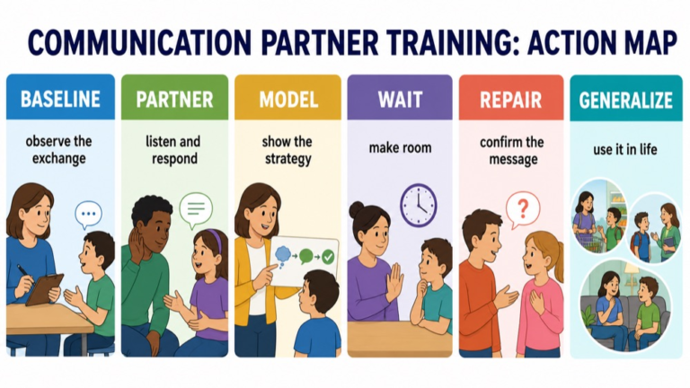 Communication partner training map connecting baseline, partner behaviors, access, modeling, repair, and generalization