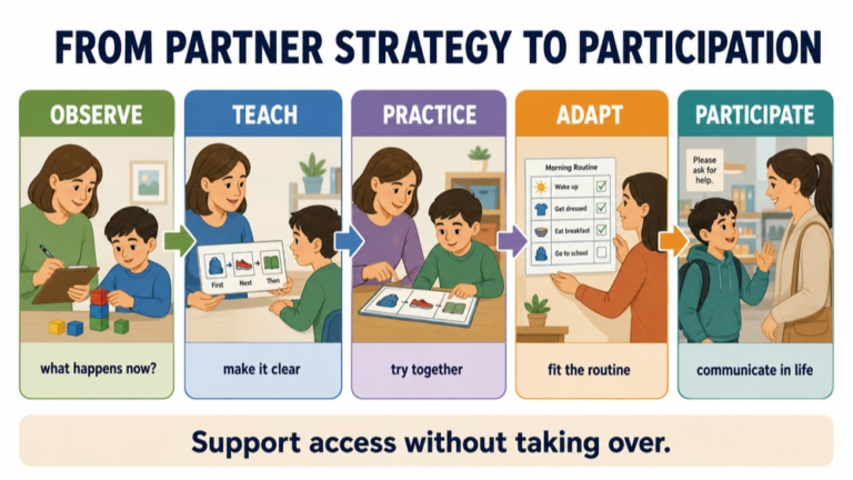 Communication partner training infographic comparing observation, strategy, practice, feedback, autonomy, and participation
