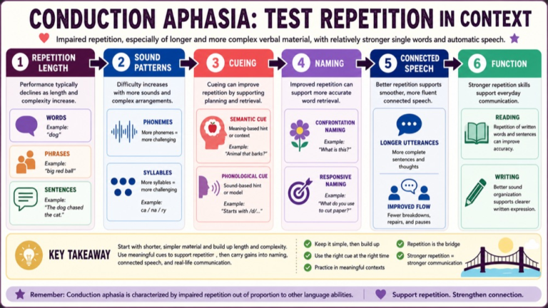 Conduction aphasia study map connecting repetition, phonology, comprehension, naming, literacy, and connected speech