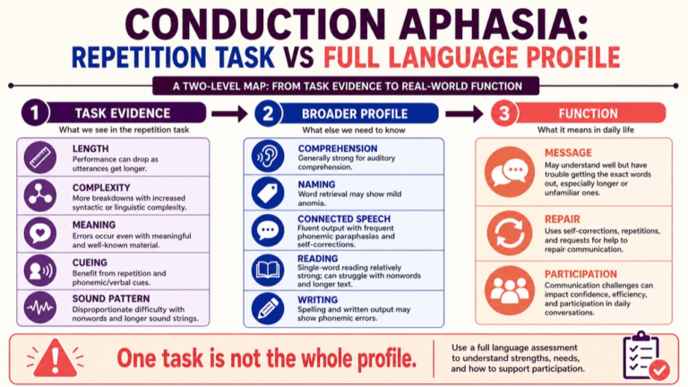 Conduction aphasia reasoning infographic comparing repetition length, cueing, phonology, full language profile, and participation