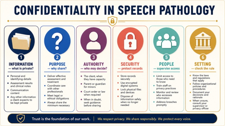 Confidentiality in speech pathology map connecting information, access, disclosure, security, supervision, and setting