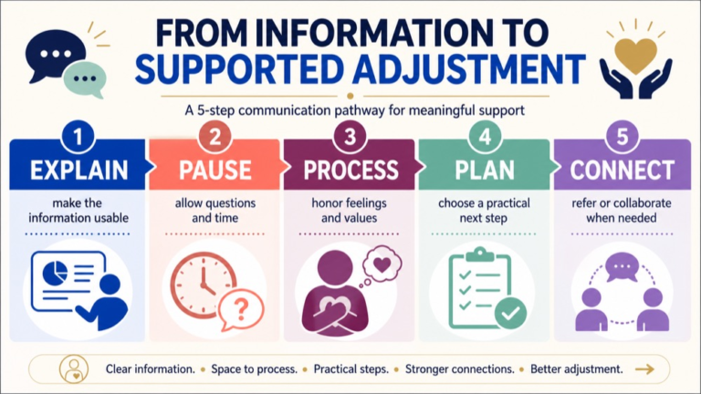 Counseling in speech-language pathology infographic showing the path from clear information and listening to shared decisions and appropriate referral