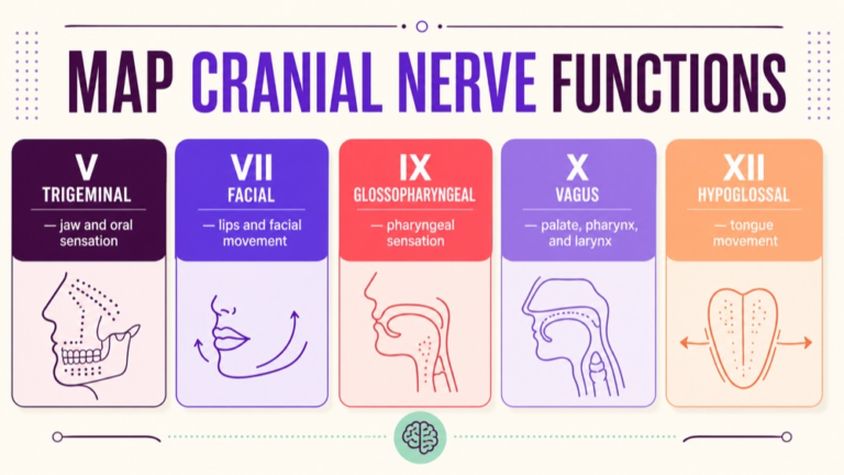 Functional cranial nerve map connecting trigeminal, facial, glossopharyngeal, vagus, and hypoglossal contributions to speech and swallowing