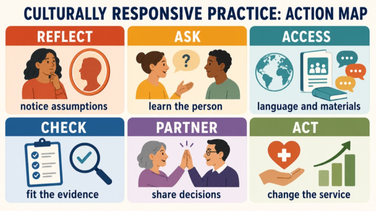 Culturally responsive practice map connecting self-reflection, individual context, language access, assessment, partnership, and action