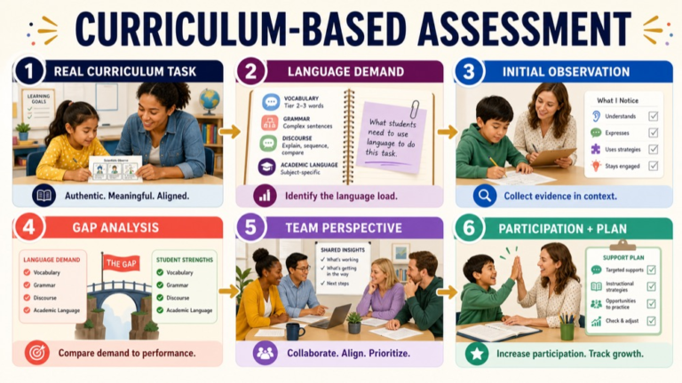 Curriculum-based assessment map connecting curricular task, language demand, observation, gap analysis, team perspective, and planning