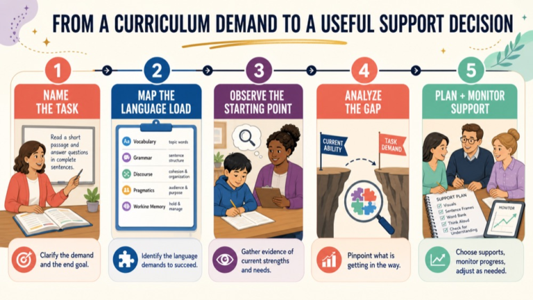Curriculum-based assessment infographic showing the path from a classroom demand to a meaningful support decision