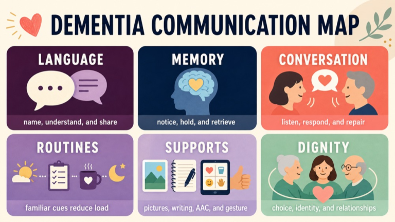 Dementia communication map connecting language, memory, conversation, routines, supports, and participation