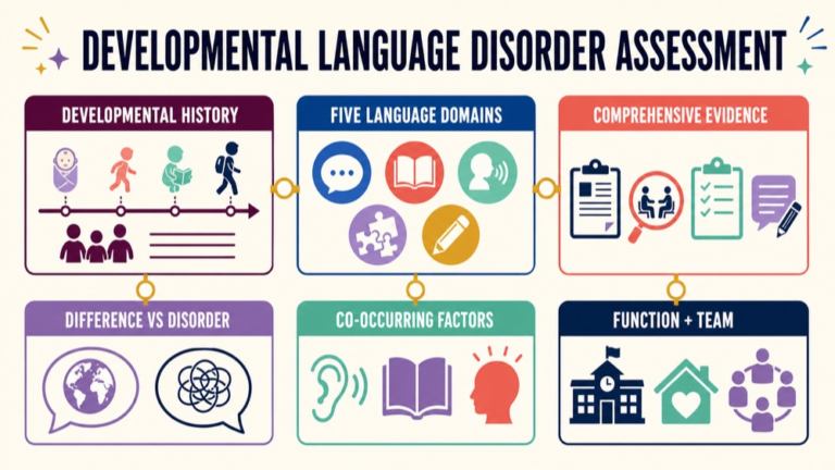 Developmental language disorder assessment map connecting history, five language domains, evidence, linguistic context, co-occurrence, and function