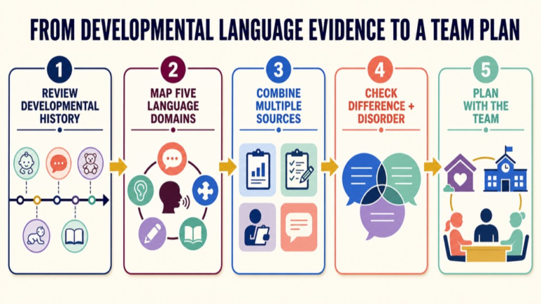Developmental language disorder assessment infographic showing the path from developmental language evidence to a team plan