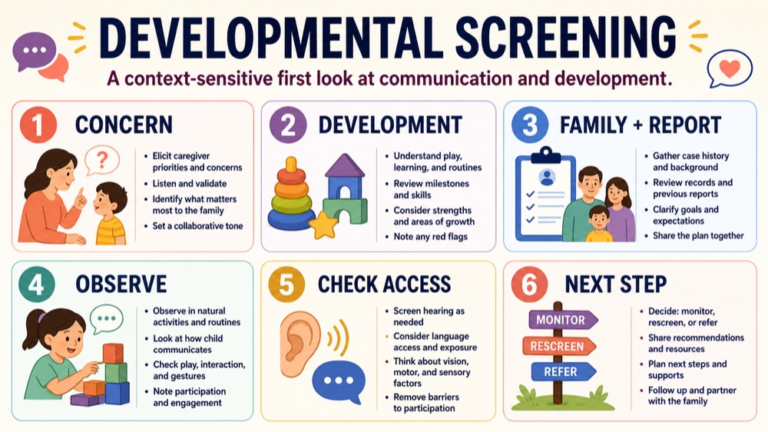Developmental screening for speech and language map connecting concern, context, family report, observation, access, and next step