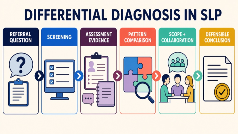 Differential diagnosis in speech-language pathology map connecting referral question, screening, evidence, pattern comparison, scope, and conclusion