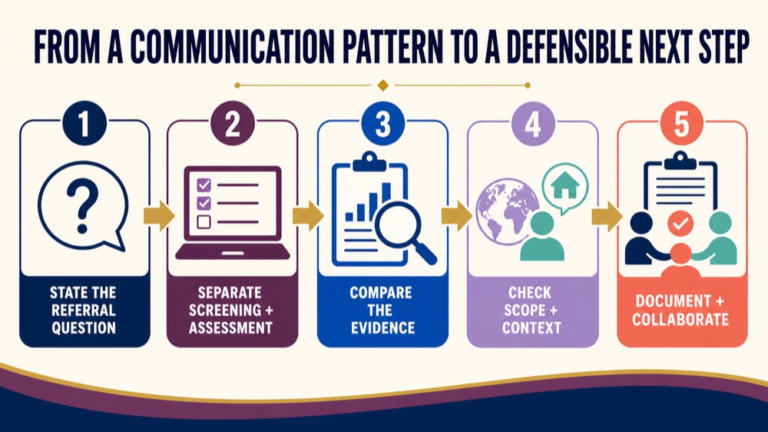 Differential diagnosis infographic showing the path from a communication pattern to a defensible next step
