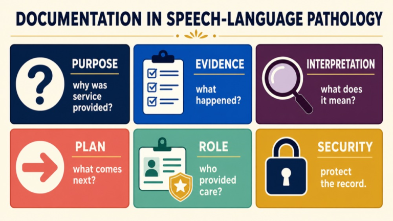 Documentation in speech-language pathology map connecting purpose, evidence, interpretation, plan, role, and security