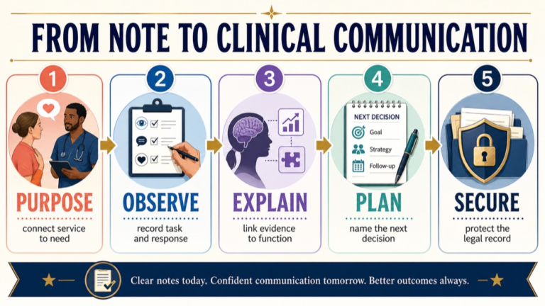 Documentation reasoning infographic showing the path from clinical note and evidence to functional interpretation and next care decision