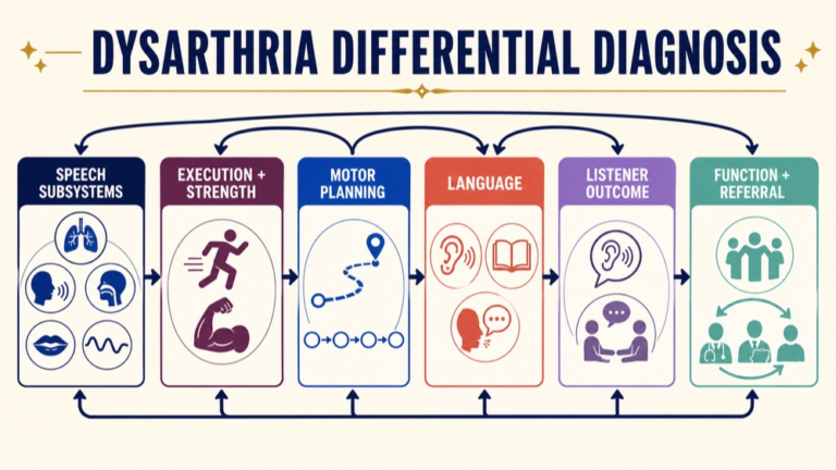 Dysarthria differential diagnosis map connecting speech subsystems, execution, planning, language, listener outcome, and referral