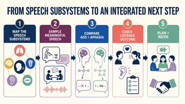 Dysarthria differential diagnosis infographic showing the path from speech subsystems to an integrated next step
